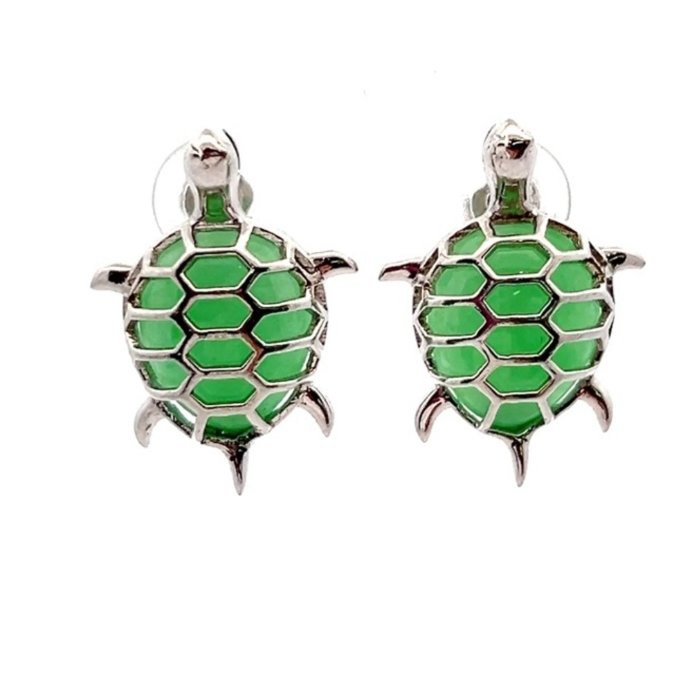 Sterling Silver and Jade Turtle Earrings Marked 925